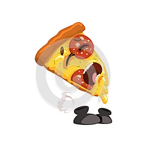 Crying slice of pizza, funny cartoon fast food character vector Illustration on a white background