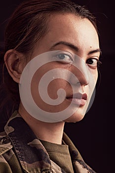 Crying, soldier trauma and face of sad woman with depression, military ptsd and trauma from army service on studio black