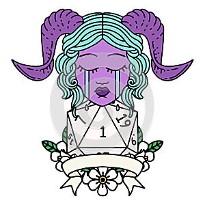 crying tiefling face with natural 1 D20 Dice illustration