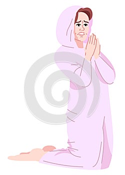 Crying woman being addicted to praying semi flat RGB color vector illustration