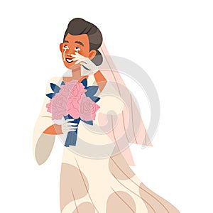 Crying Woman Bride with Flower Bouquet Weeping and Sobbing from Happiness Wiping Eyes Vector Illustration