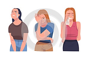 Crying Woman Character Weeping and Sobbing from Sorrow and Grief Feeling Sad and Upset Vector Set