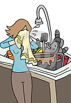 Crying woman doing dishes