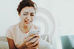 Crying Woman Message Texting. Bedroom Concept.