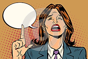 Crying woman pointing up comic bubble