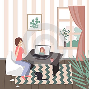 Crying woman seating at her desk in front of her laptop having an online call with her therapist. Vector illustration