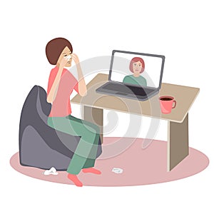 Crying woman seating at her desk in front of her laptop having an online call with her therapist. Vector illustration