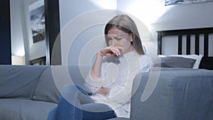 Crying Woman Sitting at Home, Tears in Eyes