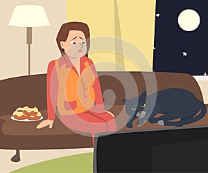Crying woman watching tv with cat