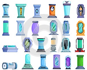 Cryogenic capsule icons set cartoon vector. Laboratory equipment