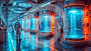 Cryogenic Chambers for freezing bodies. Scientists in protective suits walking through a cryo chamber facility