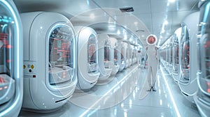 Cryogenic Chambers for freezing bodies. Scientists in protective suits walking through a cryo chamber facility