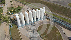 Cryogenic tanks. Liquid oxygen plant, tanks and heat exchange coils. Pressure Vessels. Industrial zone. Aerial view