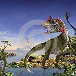 Cryolophosaurus dinosaur standing in shallow water