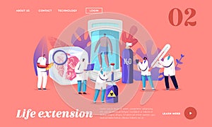 Cryonics Technology Landing Page Template. Tiny Scientists Characters Use Futuristic Equipment for Cryogenic Hibernation