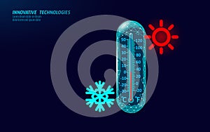 Cryotherapy thermometer cold temperature. Medical skin dermatology treatment. Ice Age global 3D low poly body cure