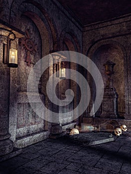 Crypt with skulls and lanterns photo