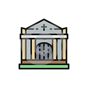 Crypt, tomb house, cemetery, church flat color line icon.
