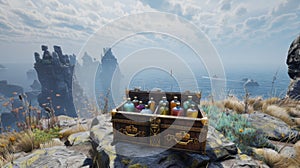 The Cryptic Crate of Potions stood upon a lonely cliff overlooking the sea. Each bottle inside held a different hue and photo