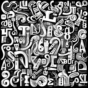 A cryptic message in black and white. The chaos of coded letters and numbers. An abstract pattern of text and figures. A geometric