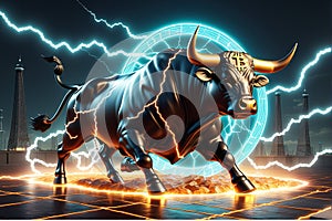 Crypto bull surrounded by the lightning of thunder running in the market, crypto trading concept, bitcoin photo