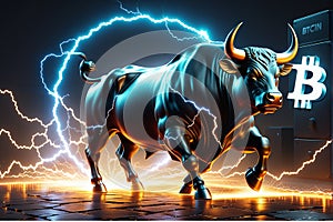 Crypto bull surrounded by the lightning of thunder running in the market, crypto trading concept, bitcoin photo