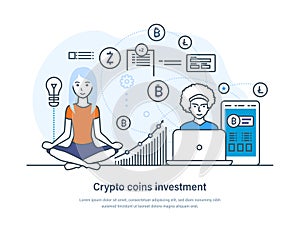 Crypto coins investment web banner, online trade and growing financial index. Blockchain technology, finance exchange, transaction