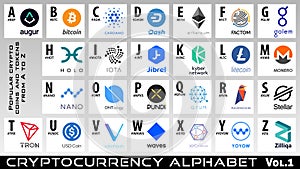 Crypto coins and tokens logos from A to Z. Vol.1. Vector BTC and altcoins signs