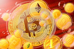 Crypto crash. Cryptocurrency golden coins in a bubbles on the binary code red background
