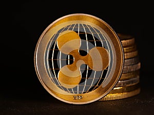 Crypto currency background with various of shiny silver and golden physical cryptocurrencies symbol coins, Bitcoin, Ethereum, Lite