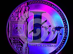 Crypto currency background with various of shiny silver and golden physical cryptocurrencies symbol coins, Bitcoin, Ethereum, Lite