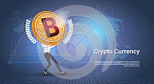 Crypto Currency Banner Man Holding Golden Bitcoin Over World Map Background Digital Web Money Concept