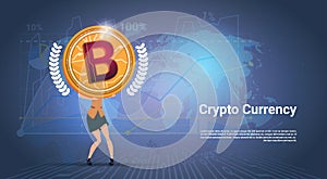 Crypto Currency Banner Woman Holding Golden Bitcoin Over World Map Background Digital Web Money Concept