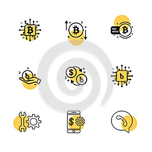 crypto currency , bit coin , ic, money , whatsapp , mobile , wrench , gear , 9 eps icons set vector