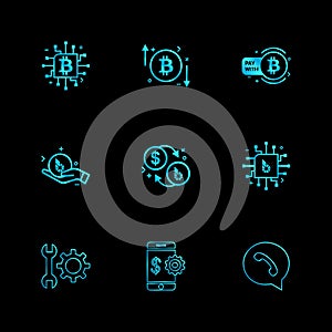 crypto currency , bit coin , ic, money , whatsapp , mobile , wrench , gear , 9 eps icons set vector