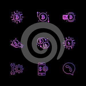 crypto currency , bit coin , ic, money , whatsapp , mobile , wrench , gear , 9 eps icons set vector