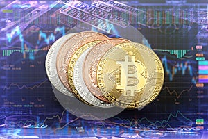 Crypto currency bitcoin coins on banknotes and share graph background , digital virtual money concept