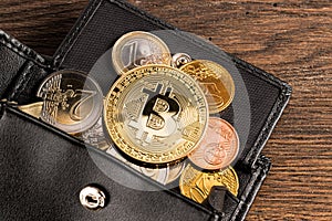 Crypto currency bitcoin euro wallet concept wooden background
