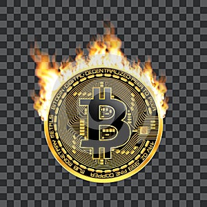 Crypto currency bitcoin golden symbol on fire