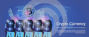 Crypto Currency Bitcoin Mining Farming Horizontal Banner World Map Background Digital Web Money Concept
