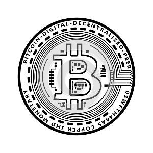 Crypto currency black coin with black lackered bitcoin symbol on obverse isolated on white background. Vector