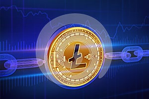 Crypto currency. Block chain. Litecoin. 3D isometric Physical golden Litecoin coin with wireframe chain. Blockchain