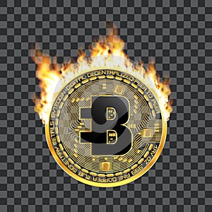 Crypto currency bytecoin golden symbol on fire