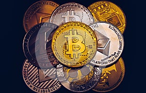 Crypto currency coin set collection, bitcoin, ethereum, litecoin, ripple. Digital currency. Cryptocurrency. Silver and golden