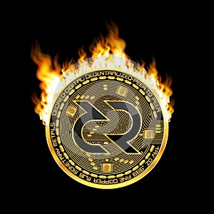 Crypto currency decred golden symbol on fire