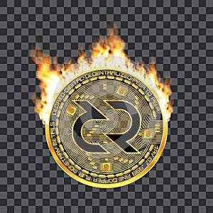 Crypto currency decred golden symbol on fire