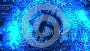 Crypto currency Gold Bitcoin - BTC - Bit Coin. Macro shots crypto currency Bitcoin coins. Holomatrix style blue.