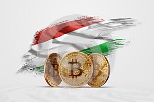 Crypto currency, gold coin BITCOIN BTC. Coin bitcoin against the background of the flag of Hungary. The concept a new currency,
