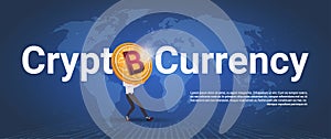 Crypto Currency Horizontal Banner Man Holding Golden Bitcoin Over World Map Background Digital Web Money Concept