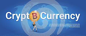 Crypto Currency Horizontal Banner Woman Holding Golden Bitcoin Over World Map Background Digital Web Money Concept